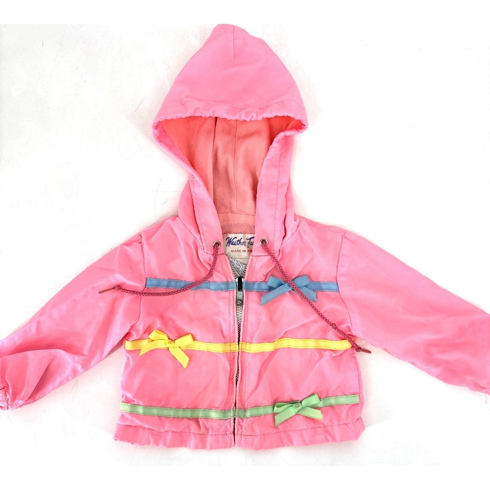 Vintage 80s 90s Baby Girl Jacket Coat Pink‎ Bows Girly Hooded Windbreaker 3-6M